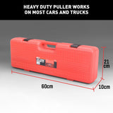 13-piece heavy-duty dent puller kit with slide hammer, durable chrome-vanadium steel construction, and blow-molded case for easy auto body repair.