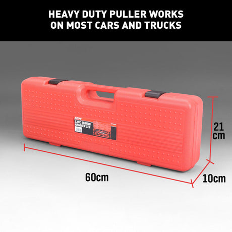 13-piece heavy-duty dent puller kit with slide hammer, durable chrome-vanadium steel construction, and blow-molded case for easy auto body repair.