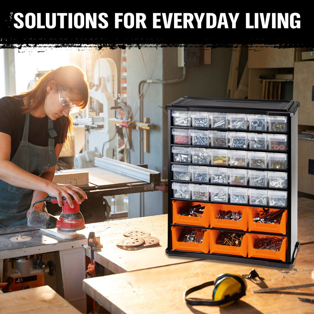 Wall mount 36 drawer parts organiser with clear and orange bins for screws, tools, and hardware storage