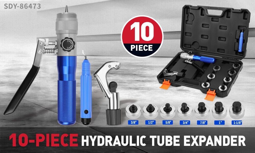 10-piece hydraulic tube expander kit with multiple expander heads, pipe cutter, deburring tool, and durable case for copper, aluminum, and titanium pipes.