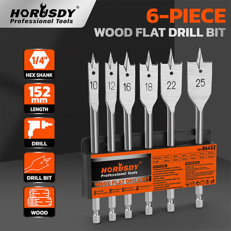 6-piece wood flat drill bit set with 1/4" hex shank for woodworking, featuring high-quality alloy steel and polished surface for fast drilling and chip removal.