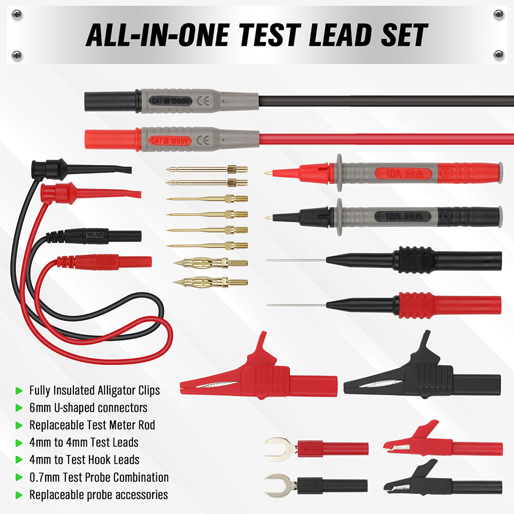 SWANLAKE 27-piece multimeter test lead kit with high-temp silicone wires, alligator clips, replaceable gold probes, and complete electronic diagnostic accessories.