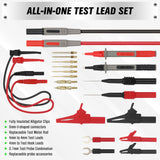 SWANLAKE 27-piece multimeter test lead kit with high-temp silicone wires, alligator clips, replaceable gold probes, and complete electronic diagnostic accessories.