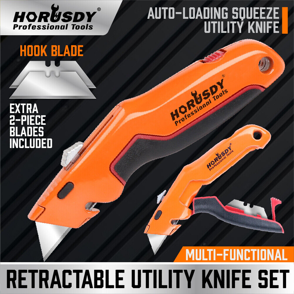 HORUSDY box cutter utility knife with retractable blade, zinc-alloy body, TPR handle, and quick-change blade system for heavy-duty cutting tasks.