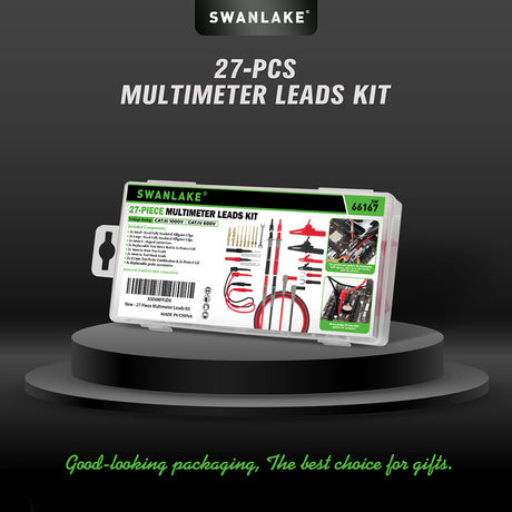 SWANLAKE 27-piece multimeter test lead kit with high-temp silicone wires, alligator clips, replaceable gold probes, and complete electronic diagnostic accessories.