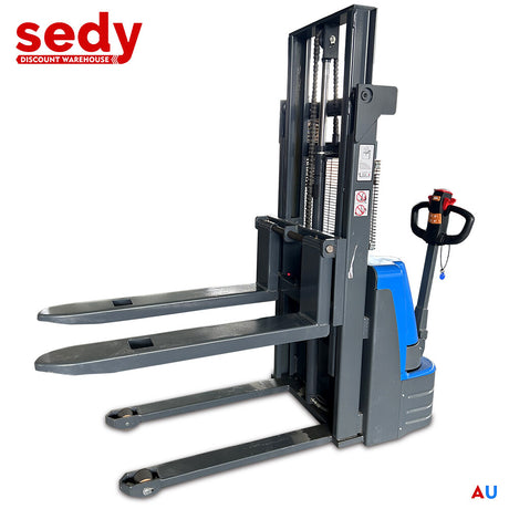 Battery-powered walkie stacker with 2.5m lift height and 1500kg load capacity. Ideal for efficient material handling in warehouses, featuring ergonomic design, easy maneuverability, and high lifting performance.