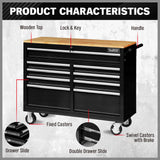 Heavy-duty HORUSDY tool chest cabinet with 42/46-inch width, 8/9 spacious drawers, wooden worktop, and lockable wheels for organized and mobile tool storage