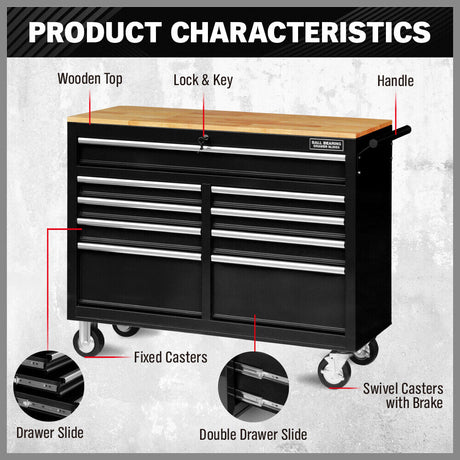 Heavy-duty HORUSDY tool chest cabinet with 42/46-inch width, 8/9 spacious drawers, wooden worktop, and lockable wheels for organized and mobile tool storage