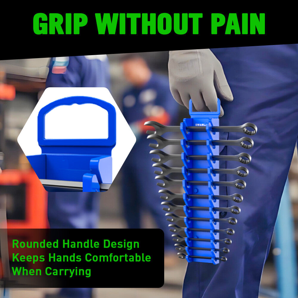 SWANLAKE magnetic wrench organiser with 12 slots and rare-earth magnets, heavy-duty holders for SAE and metric wrenches in red and blue for wall or toolbox mounting