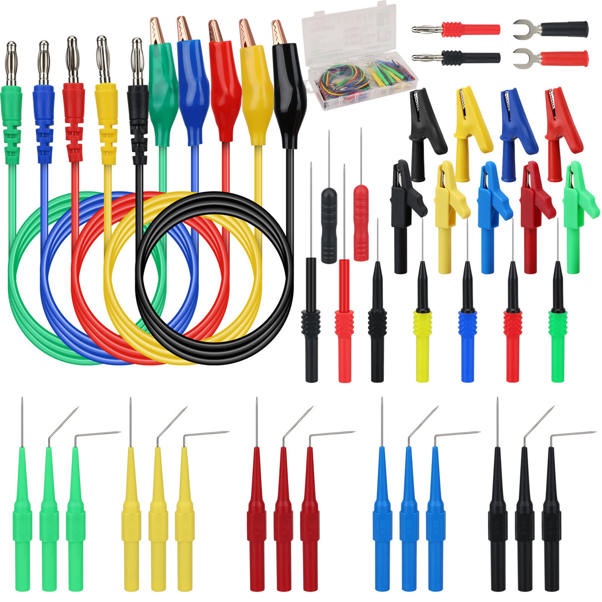 SWANLAKE 43-piece back probe test lead kit with silicone wires, multicolour probe pins, alligator clips, and banana plug connectors for diagnostic testing.
