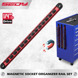 Magnetic socket organizer set with detachable trays for 1/4", 3/8", and 1/2" drive sockets. Ideal for garage tool organization.