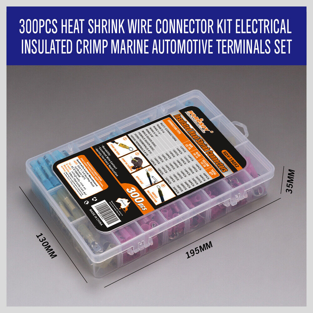 300Pc Heat Shrink Wire Crimp Connector Wire Cable Terminals Ring Fork Spade Butt