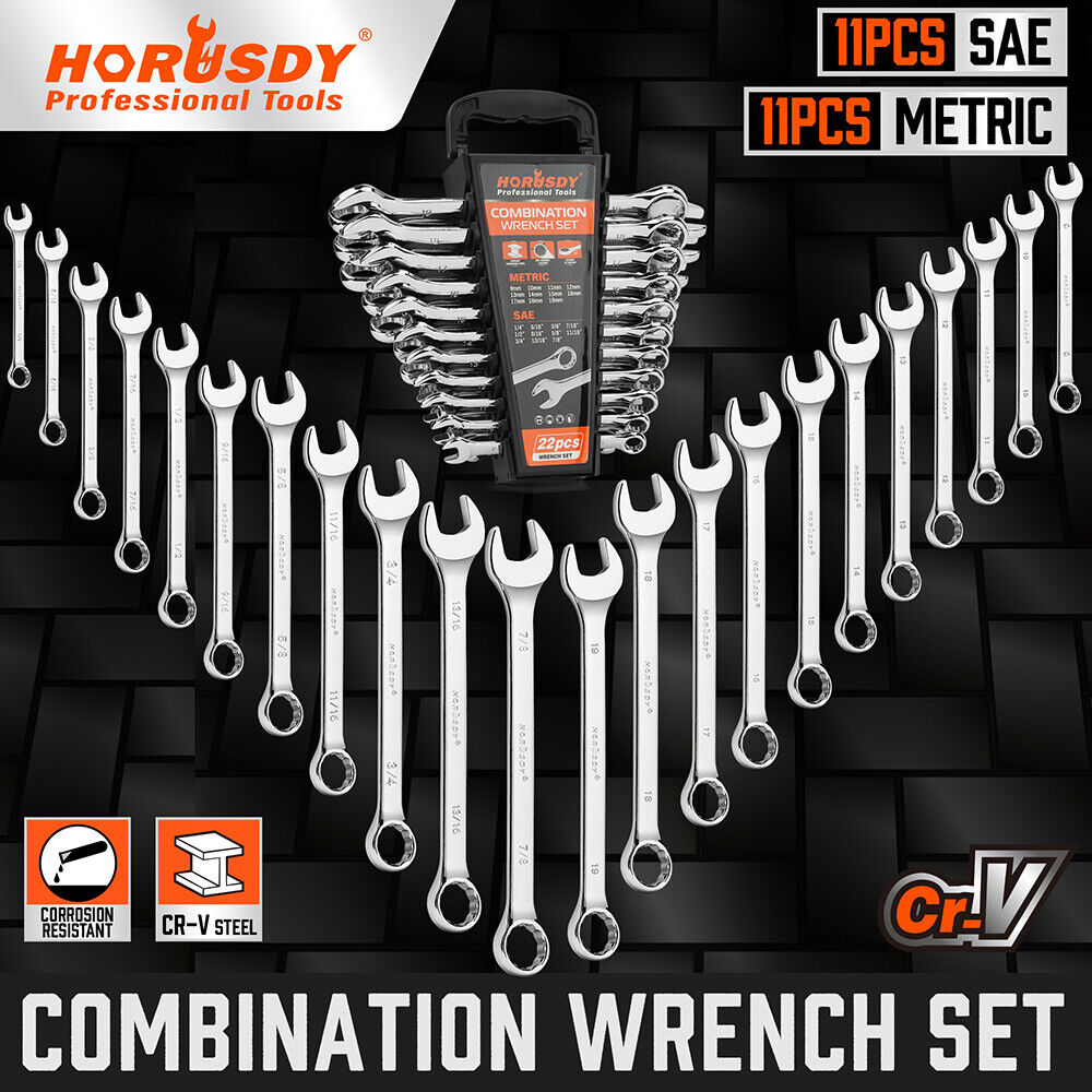 22-piece combination spanner set in SAE and metric sizes, made from durable CR-V steel, featuring corrosion resistance and a portable storage tray.