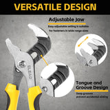 ELEAD 4-piece adjustable groove joint pliers set with ergonomic non-slip handles, roll-up storage bag, and multiple jaw sizes for versatile gripping.