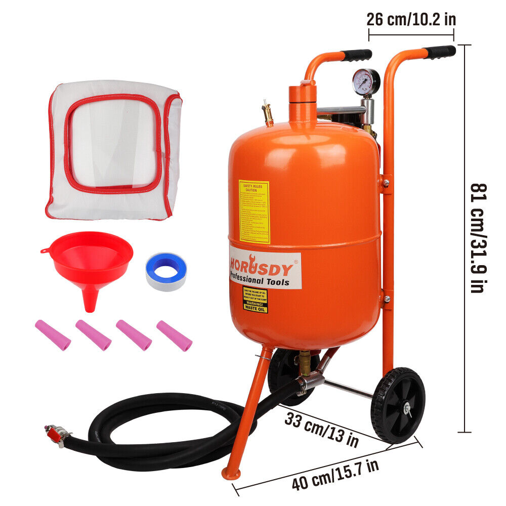 HORUSDY 40L sand blasting tank, featuring a high-pressure abrasive blaster with a 60-125 PSI working range, durable rubber wheels, and a 40L media capacity for heavy-duty surface cleaning.