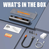 Portable digital tire inflator from HORUSDY with LED display, 6000mAh rechargeable battery, suitable for cars, motorcycles, bicycles, and sports balls.