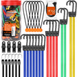 31-piece heavy duty bungee cord set with color-coded cords, plastic coated steel hooks, tarp clips, cable ties, and mini ball ties for versatile outdoor use