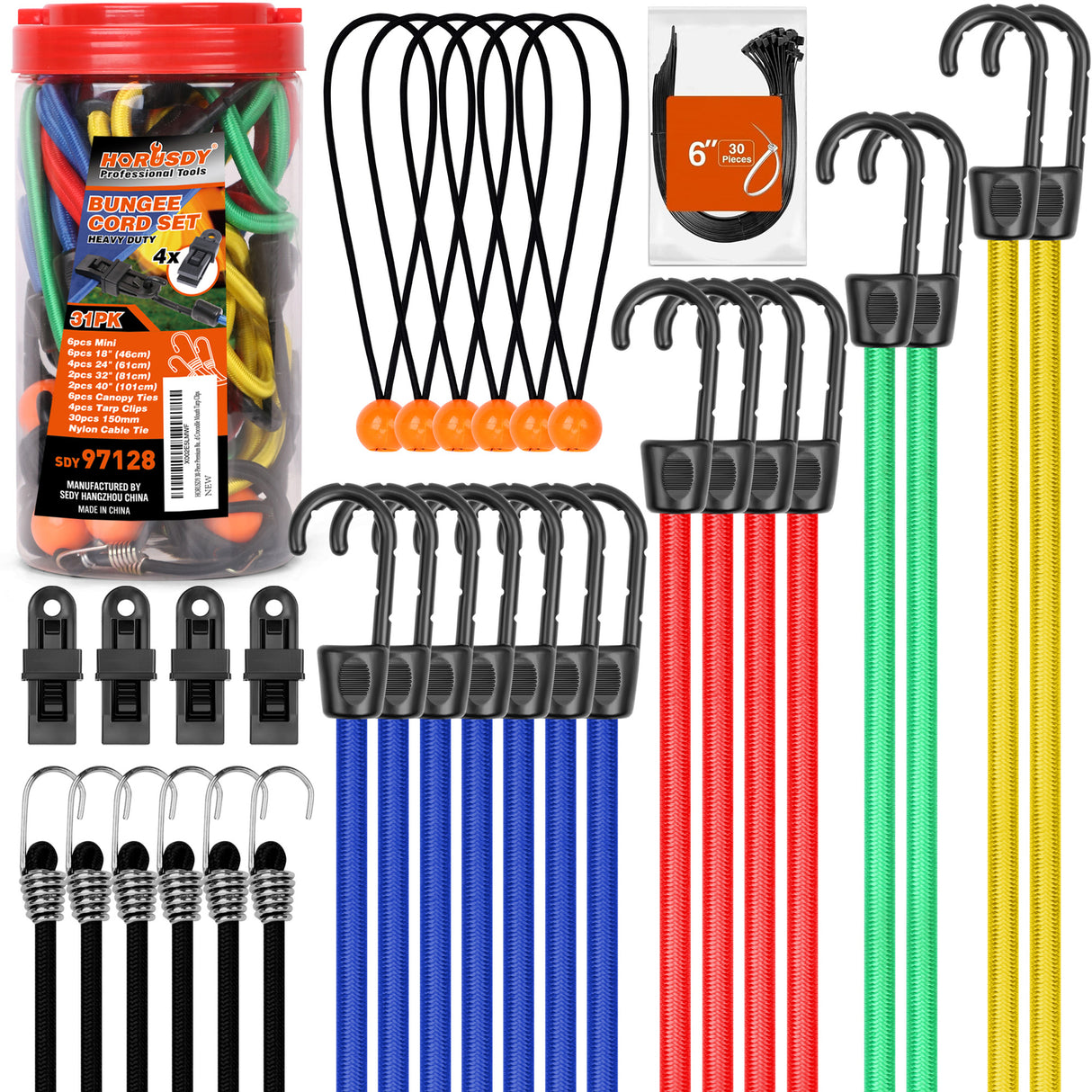 31-piece heavy duty bungee cord set with color-coded cords, plastic coated steel hooks, tarp clips, cable ties, and mini ball ties for versatile outdoor use