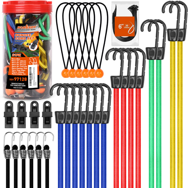 31-piece heavy duty bungee cord set with color-coded cords, plastic coated steel hooks, tarp clips, cable ties, and mini ball ties for versatile outdoor use
