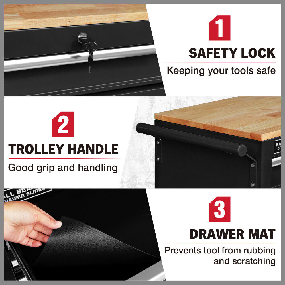 Heavy-duty HORUSDY tool chest cabinet with 42/46-inch width, 8/9 spacious drawers, wooden worktop, and lockable wheels for organized and mobile tool storage