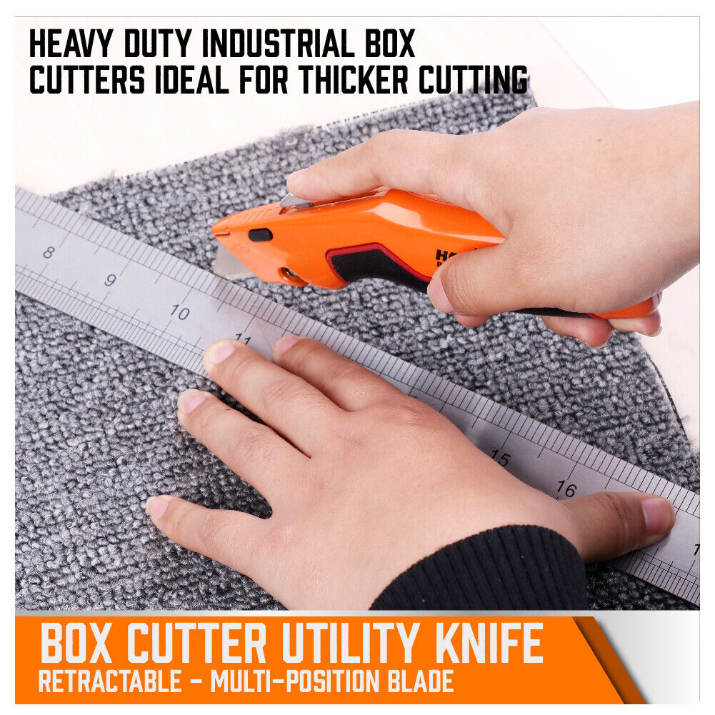 HORUSDY box cutter utility knife with retractable blade, zinc-alloy body, TPR handle, and quick-change blade system for heavy-duty cutting tasks.