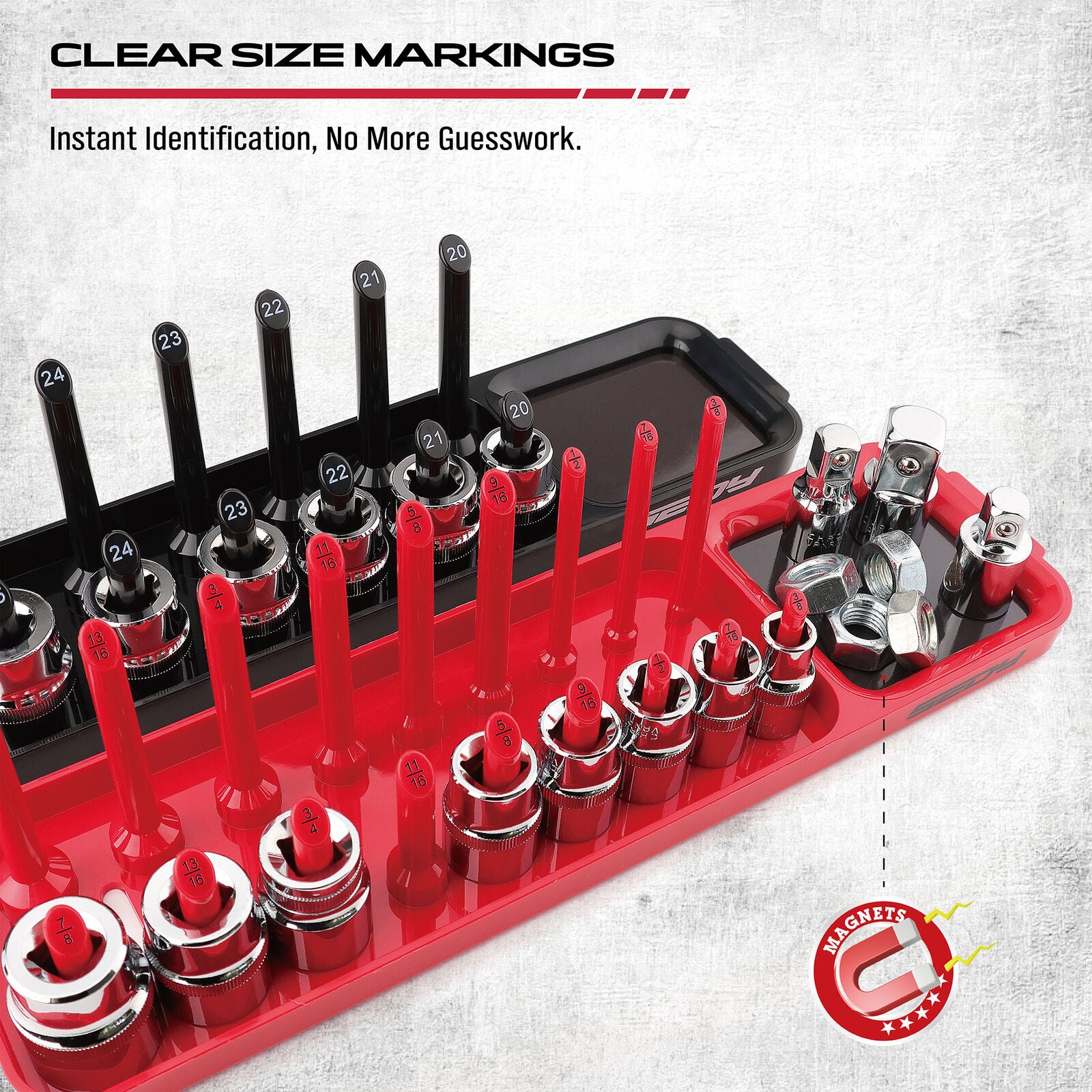 SEDY 8-Piece Magnetic Socket Organizer Tray Set in red and black, displaying various sizes for metric and SAE sockets