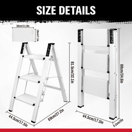 Folding step ladder with 2-step and 3-step options, featuring a compact, space-saving design, non-slip steps, and a 150kg weight capacity, ideal for home and office applications