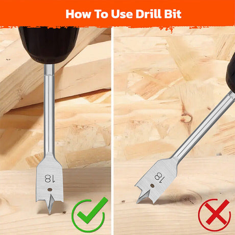 6-piece wood flat drill bit set with 1/4" hex shank for woodworking, featuring high-quality alloy steel and polished surface for fast drilling and chip removal.