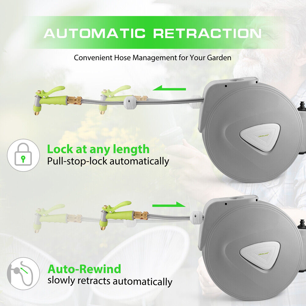 SWANLAKE retractable garden hose reel with 180-degree swivel, auto-rewind, and adjustable nozzle