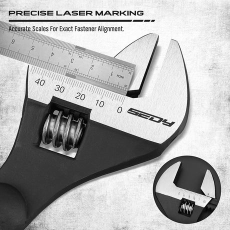 13-piece adjustable wrench set with heavy-duty Cr-V steel, laser-etched scale, rust-resistant finish, and crowbar design.