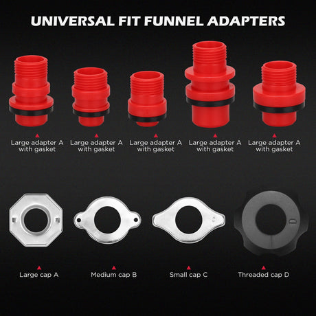 Non-spill coolant filling funnel kit with universal adapters, siphon hose pump, and precise filling features, designed for automotive and machinery use.