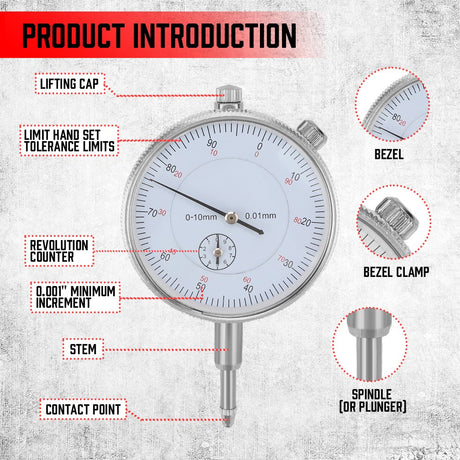 Precision dial indicator gauge set with magnetic base and 22 tip attachments for CNC, machining, alignment, and measuring applications