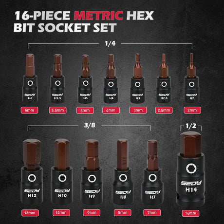 SEDY 16-Piece Metric Hex Bit Socket Set with Magnetic Rail and CR-V Sockets