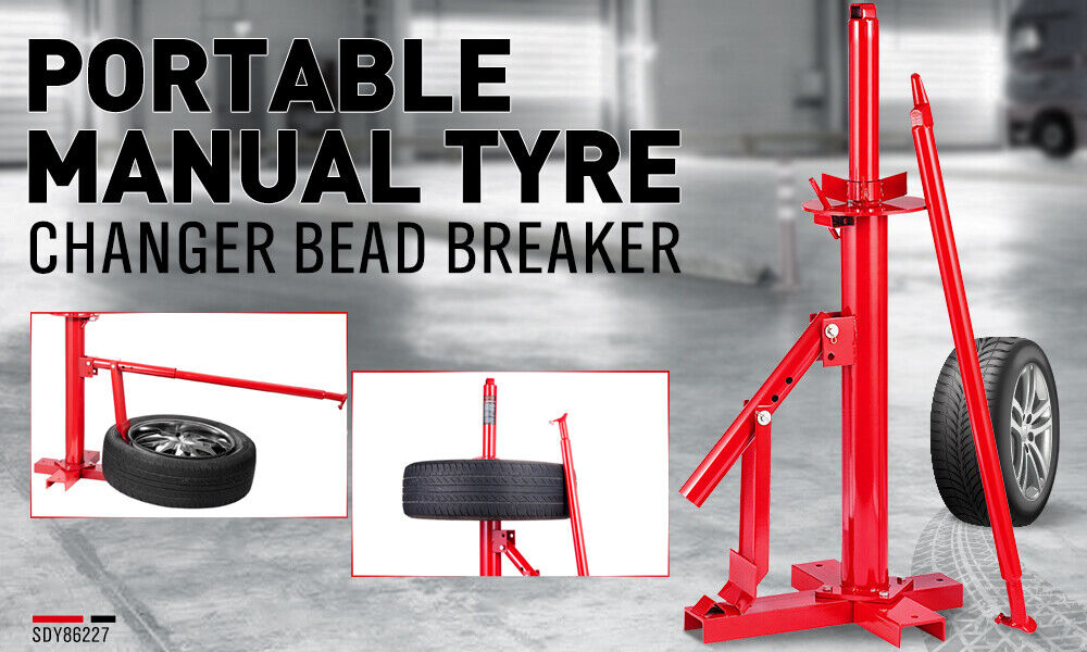 Portable manual tire changer bead breaker tool for cars, trucks, and motorcycles, featuring a durable red steel frame for easy tire removal and installation.