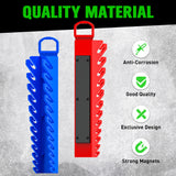 SWANLAKE magnetic wrench organiser with 12 slots and rare-earth magnets, heavy-duty holders for SAE and metric wrenches in red and blue for wall or toolbox mounting