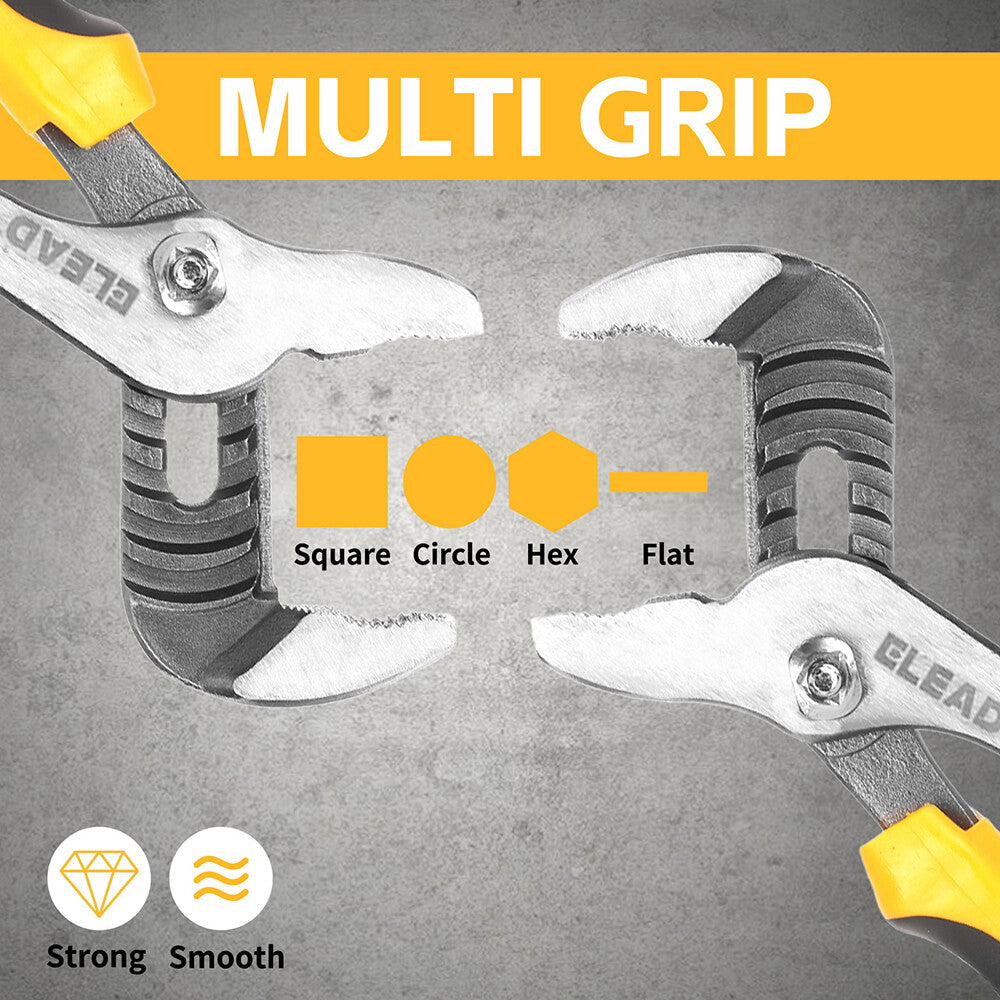 ELEAD 4-piece adjustable groove joint pliers set with ergonomic non-slip handles, roll-up storage bag, and multiple jaw sizes for versatile gripping.