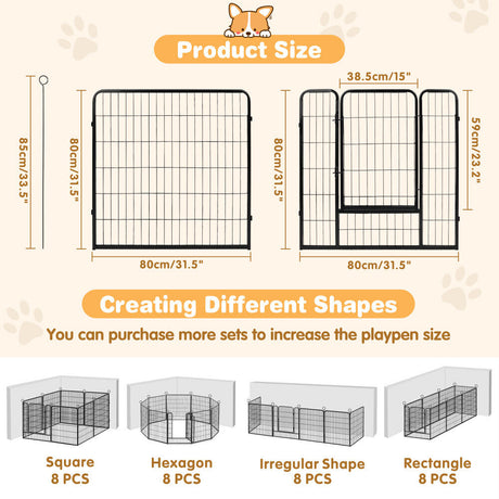 Foldable and adjustable metal pet playpen with 8 panels for indoor and outdoor use, suitable for small to large pets.