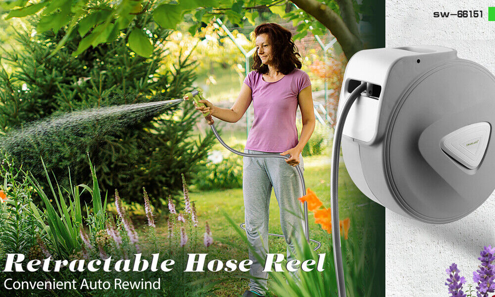 SWANLAKE retractable garden hose reel with 180-degree swivel, auto-rewind, and adjustable nozzle