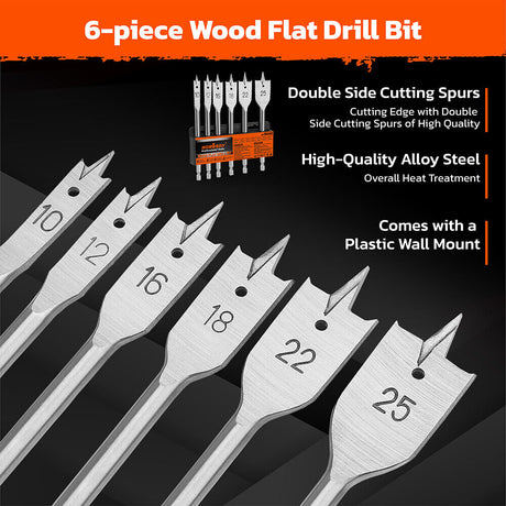 6-piece wood flat drill bit set with 1/4" hex shank for woodworking, featuring high-quality alloy steel and polished surface for fast drilling and chip removal.