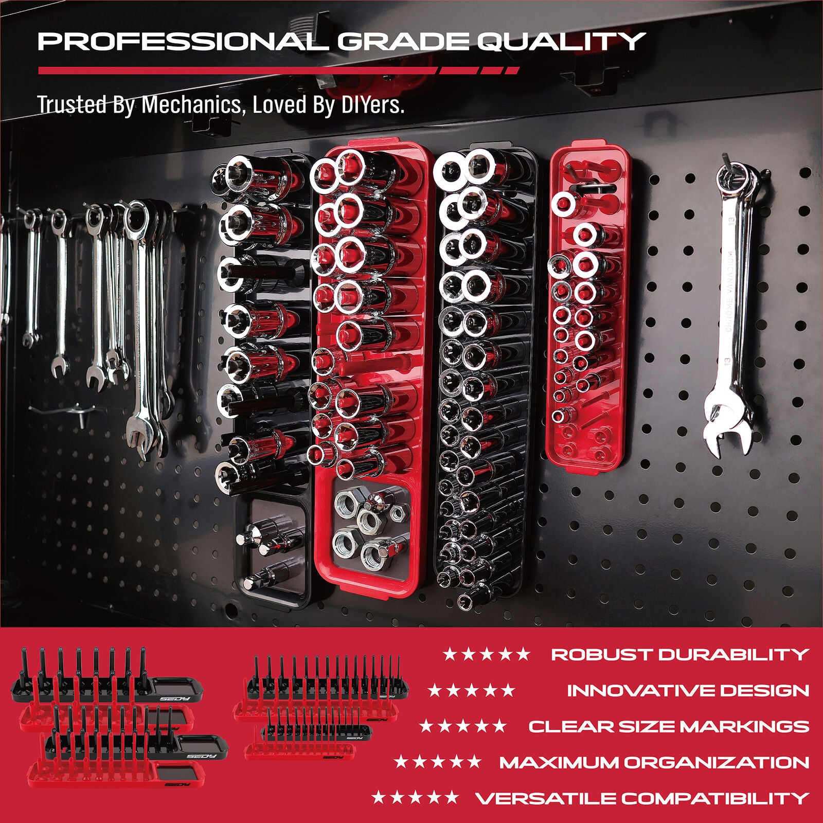 SEDY 8-Piece Magnetic Socket Organizer Tray Set in red and black, displaying various sizes for metric and SAE sockets