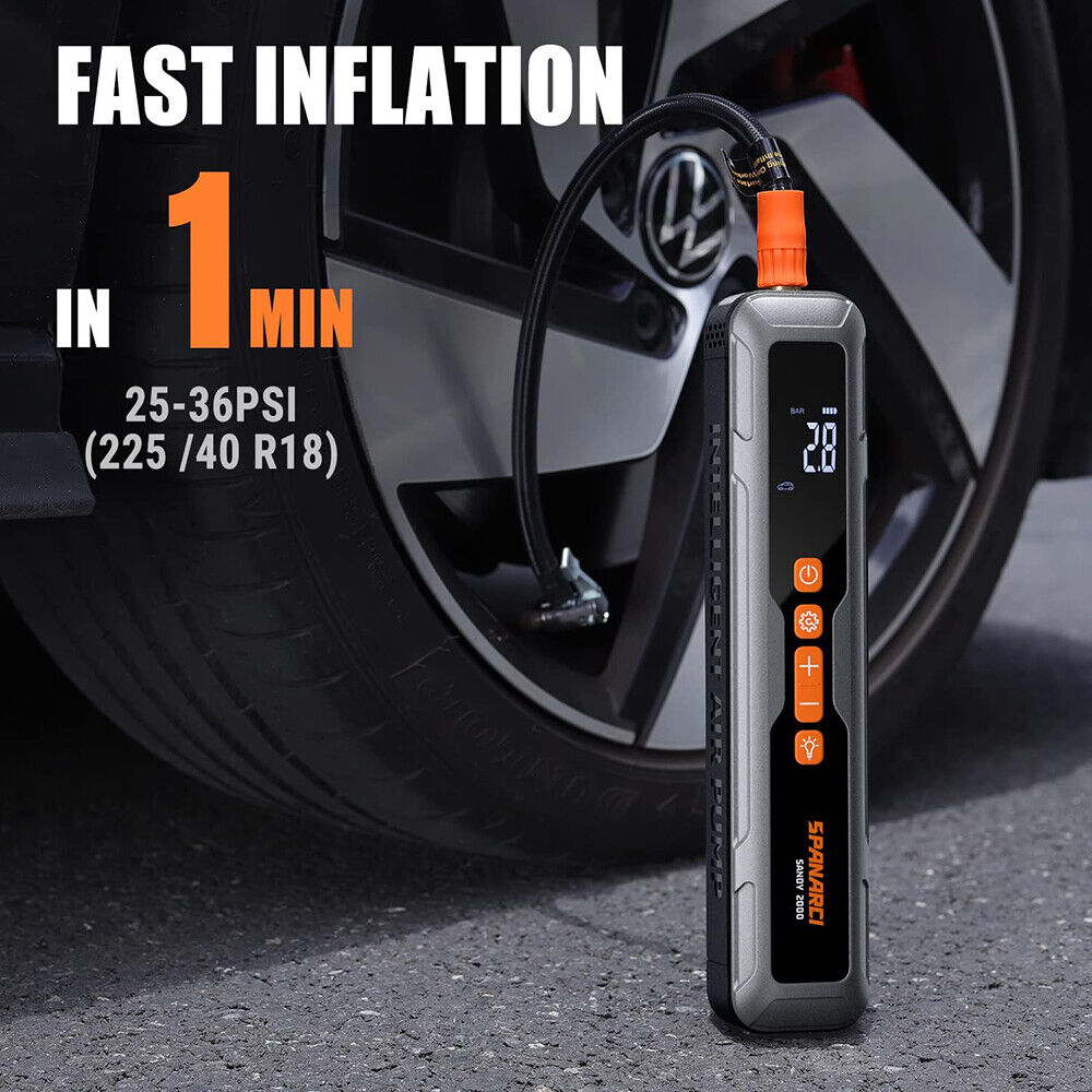 Portable digital tire inflator from HORUSDY with LED display, 6000mAh rechargeable battery, suitable for cars, motorcycles, bicycles, and sports balls.