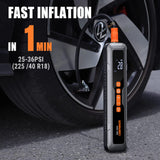 Portable digital tire inflator from HORUSDY with LED display, 6000mAh rechargeable battery, suitable for cars, motorcycles, bicycles, and sports balls.