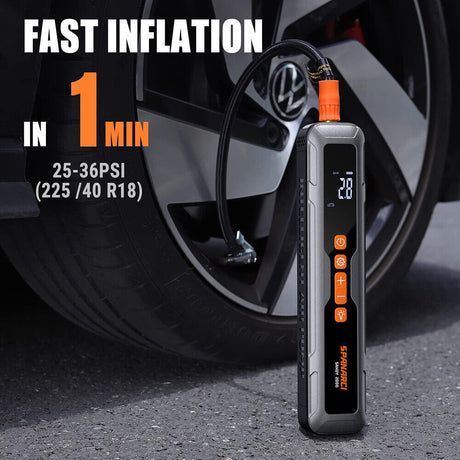 Portable digital tire inflator from HORUSDY with LED display, 6000mAh rechargeable battery, suitable for cars, motorcycles, bicycles, and sports balls.