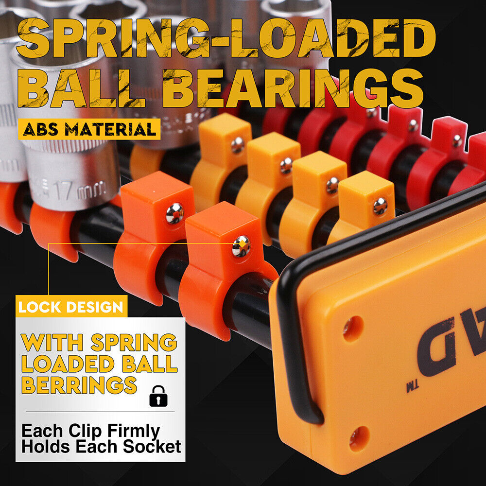 The HORUSDY 2-Pack Socket Rail and Screwdriver Bit Holder Set is made from durable ABS material, designed to hold 75 bits and 42 sockets. Suitable for organizing 1/4", 3/8", and 1/2" drive tools. Features spring-loaded ball bearings for secure socket storage and easy portability for workshops and garages.