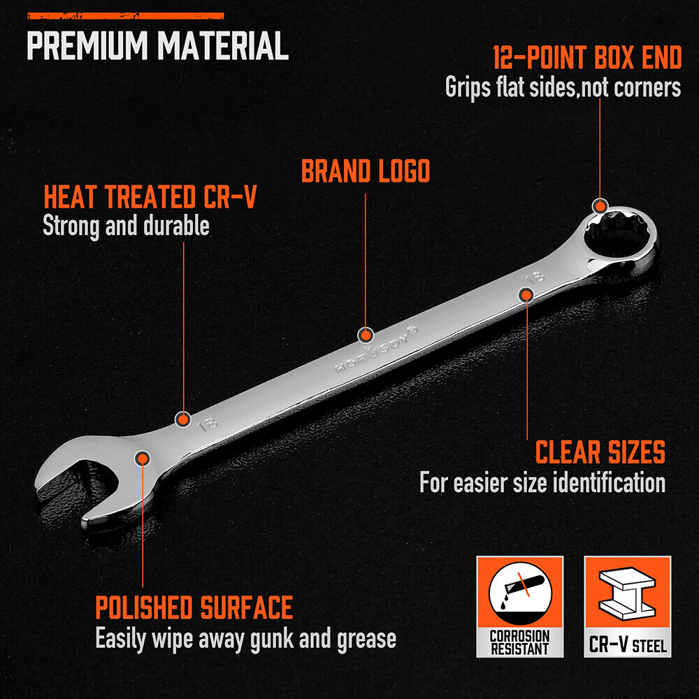 22-piece combination spanner set in SAE and metric sizes, made from durable CR-V steel, featuring corrosion resistance and a portable storage tray.