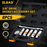 8-piece 3/8" drive socket accessory set with CR-V steel, 6-point design, includes spark plug gapper, extension bar, and universal joint for versatile use.
