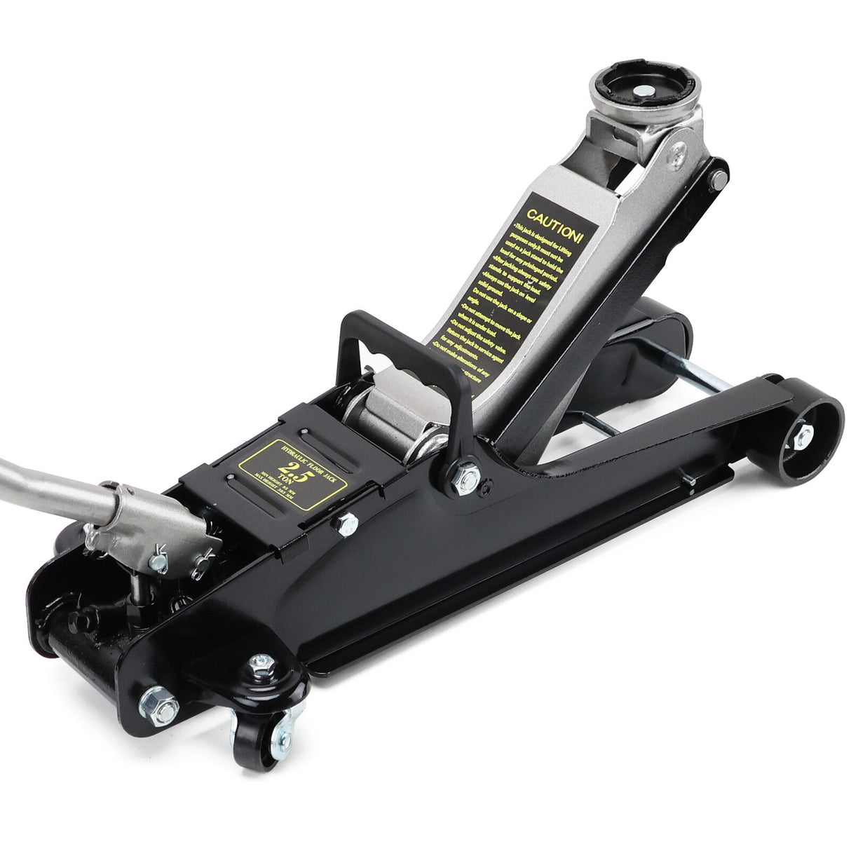 HORUSDY 2.5-ton hydraulic floor trolley jack with steel casters, large saddle, wide lift range, and carry handle for car repair and tyre replacement.