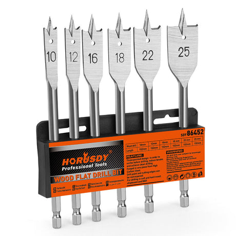 6-piece wood flat drill bit set with 1/4" hex shank for woodworking, featuring high-quality alloy steel and polished surface for fast drilling and chip removal.