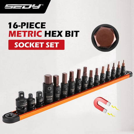 SEDY 16-Piece Metric Hex Bit Socket Set with Magnetic Rail and CR-V Sockets
