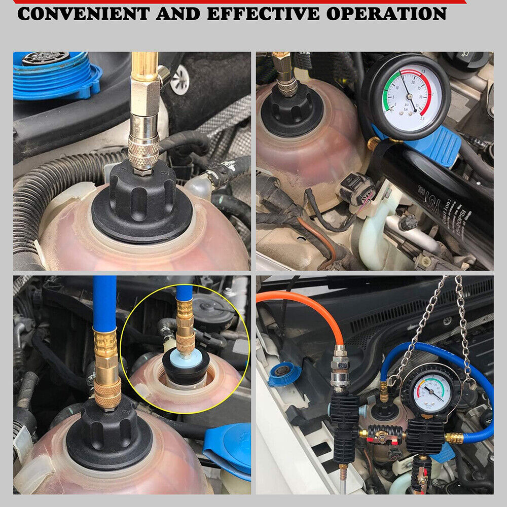 34pc pneumatic coolant pressure tester vacuum cooling system purge and refill kit with various radiator adapters, hose, and storage case